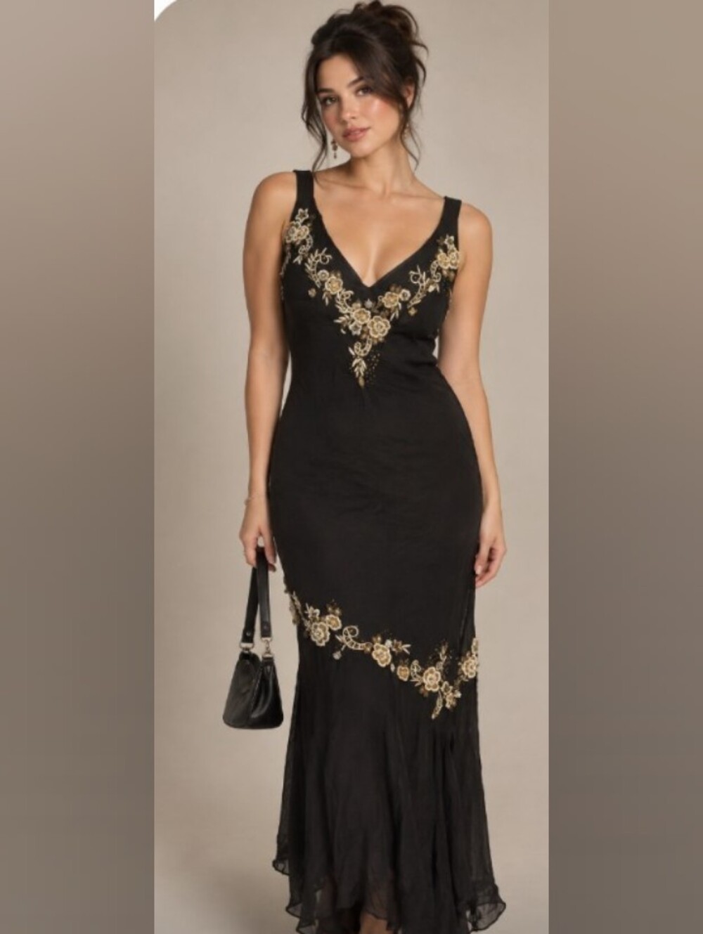 Vintage Y2K Silk Black Strapless-Inspired Evening Dress with Gold Floral Accents